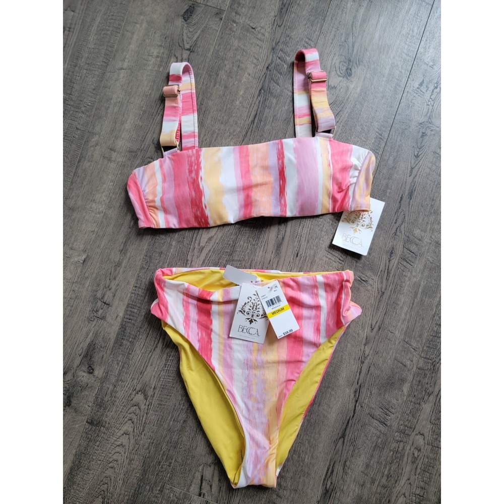 BECCA Striped Pink, Yellow & White Bandeau Bikini Set